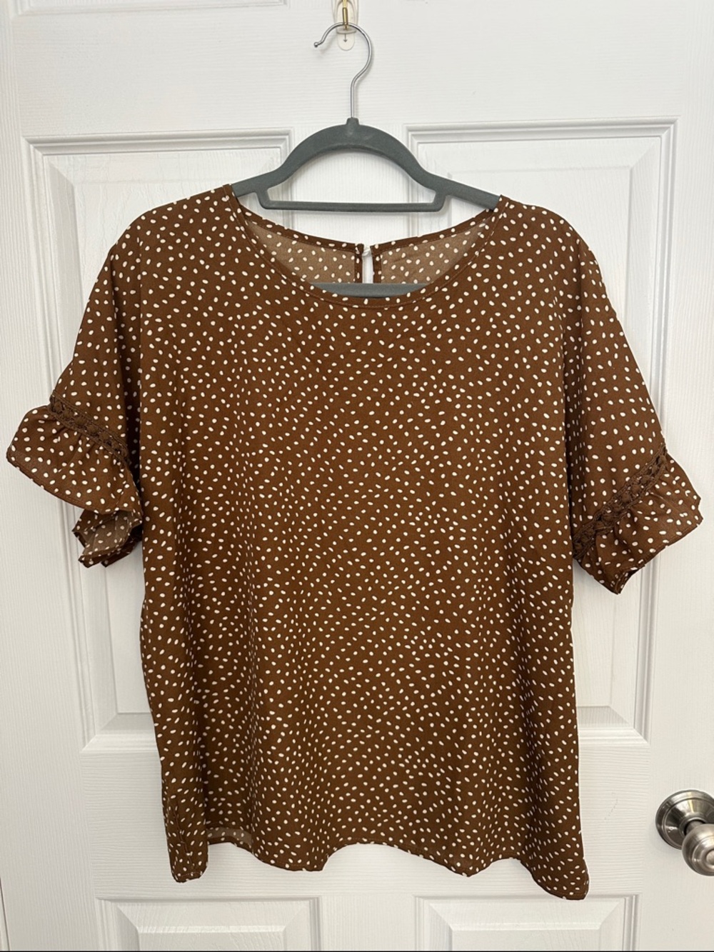 SHEIN Brown Polka Dot Short Sleeve Ruffle Blouse